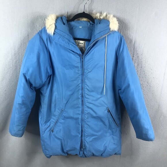 Vintage LL Bean Coat  Women M Blue Puffer Goose Down Hooded Coat Jacket Fur Trim - Picture 1 of 16